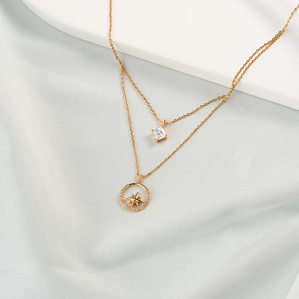Collar Oro De 14K Con Colgante De Circonita Cuadrado Y Estrella En Círculo