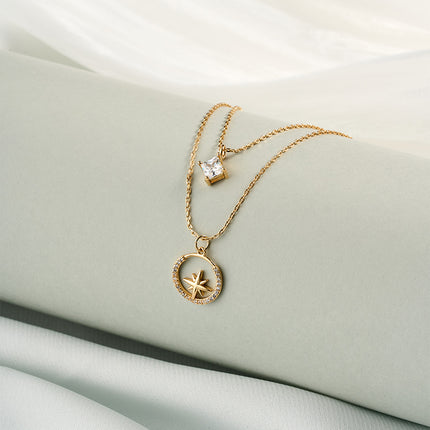 Collar Oro De 14K Con Colgante De Circonita Cuadrado Y Estrella En Círculo