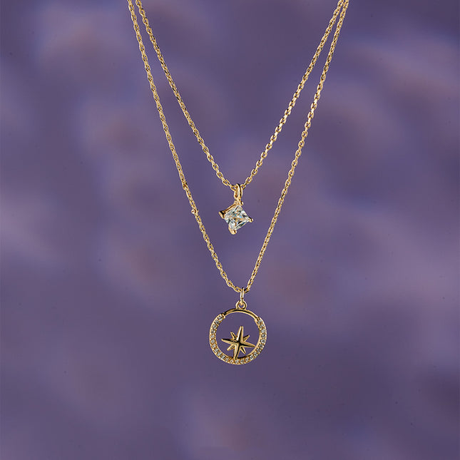 Collar Oro De 14K Con Colgante De Circonita Cuadrado Y Estrella En Círculo