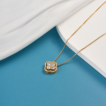 Collar Oro 18K De Trébol Con Capas Superpuestas Y Zirconias