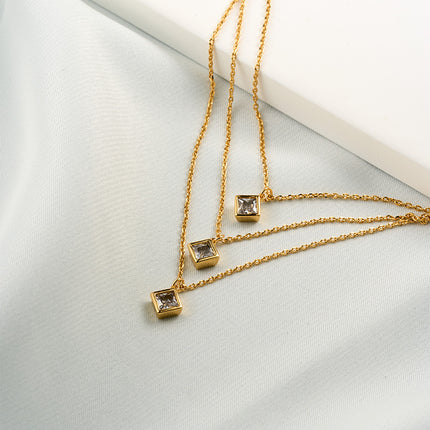 Collar De Multicapas Con Circonitas Cuadradas, Cobre Enchapado Oro 14K
