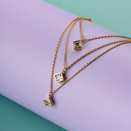 Collar De Multicapas Con Circonitas Cuadradas, Cobre Enchapado Oro 14K