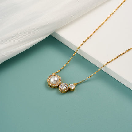 Collar De Lujo Con Colgante Triple Circular, Perla Sintética Y Zirconia