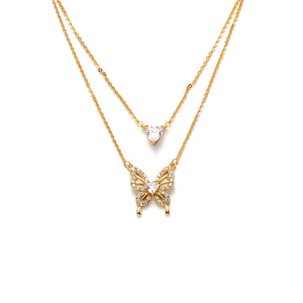 Collar Oro De 14K Con Colgantes De Corazón De Circonita Y Mariposa