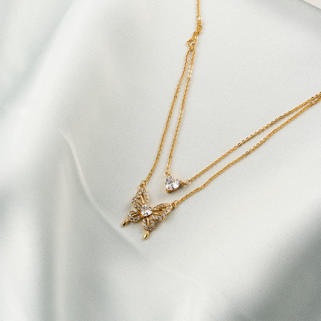 Collar Oro De 14K Con Colgantes De Corazón De Circonita Y Mariposa