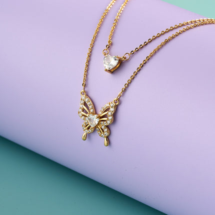 Collar Oro De 14K Con Colgantes De Corazón De Circonita Y Mariposa
