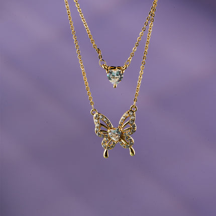 Collar Oro De 14K Con Colgantes De Corazón De Circonita Y Mariposa