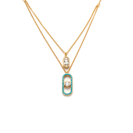 Collar Doble Con Colgante Rectangular De Zirconia Para Mujer, Cobre + Oro 14K