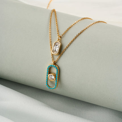 Collar Doble Con Colgante Rectangular De Zirconia Para Mujer, Cobre + Oro 14K
