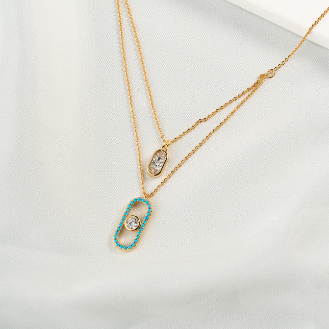 Collar Doble Con Colgante Rectangular De Zirconia Para Mujer, Cobre + Oro 14K