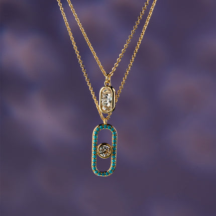 Collar Doble Con Colgante Rectangular De Zirconia Para Mujer, Cobre + Oro 14K