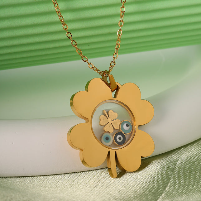 Collar De Acero Inoxidable Con Colgante De Trébol Y Ojo Azul De La Suerte