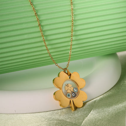 Collar De Acero Inoxidable Con Colgante De Trébol Y Ojo Azul De La Suerte