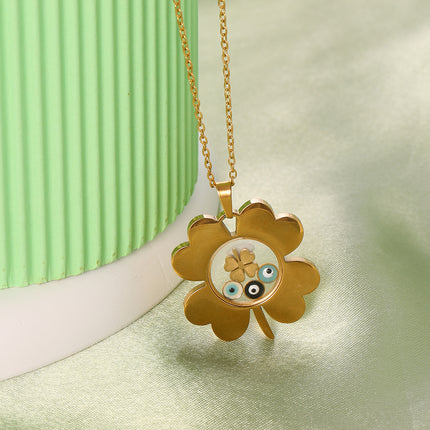 Collar De Acero Inoxidable Con Colgante De Trébol Y Ojo Azul De La Suerte