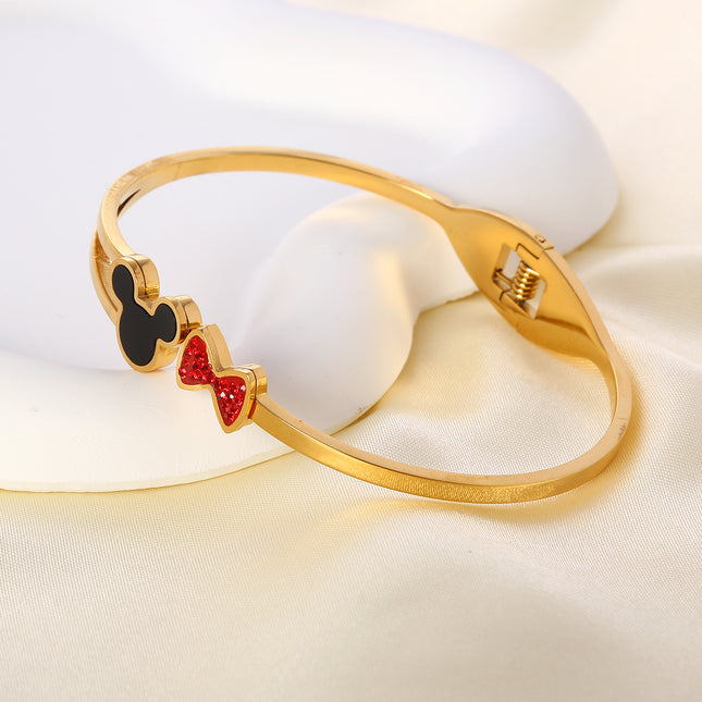 Pulsera Brazalete De Acero Inoxidable Con Cabeza De Mickey Negra Y Lazo Rojo