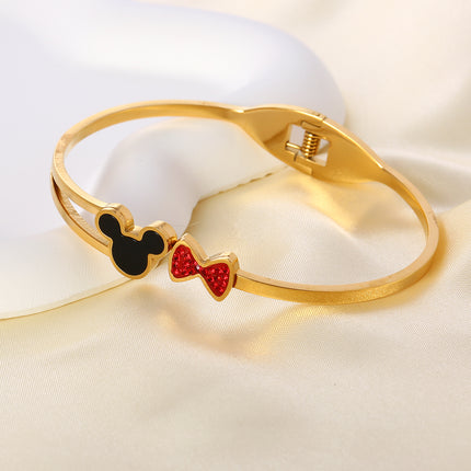 Pulsera Brazalete De Acero Inoxidable Con Cabeza De Mickey Negra Y Lazo Rojo