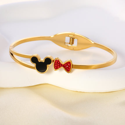 Pulsera Brazalete De Acero Inoxidable Con Cabeza De Mickey Negra Y Lazo Rojo
