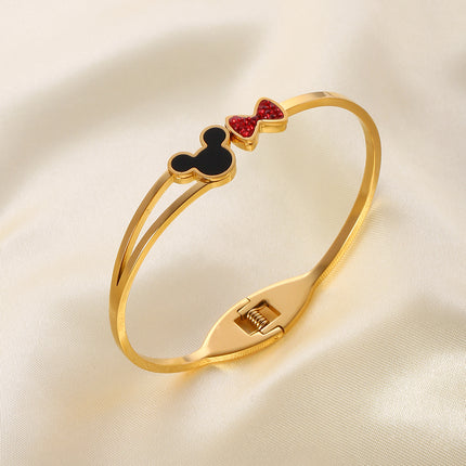 Pulsera Brazalete De Acero Inoxidable Con Cabeza De Mickey Negra Y Lazo Rojo