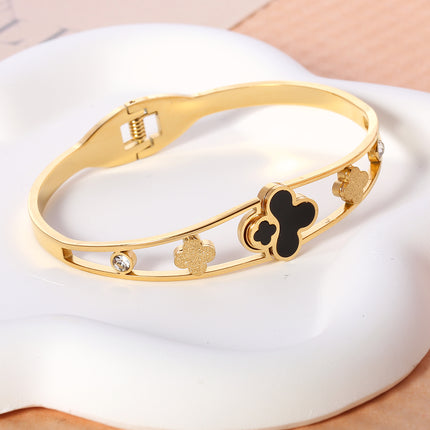Pulsera Brazalete Con Flor De Cuatro Hojas Y Circonita De Acero Inoxidable