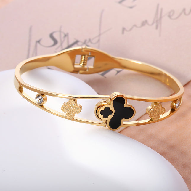 Pulsera Brazalete Con Flor De Cuatro Hojas Y Circonita De Acero Inoxidable