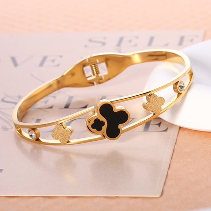 Pulsera Brazalete Con Flor De Cuatro Hojas Y Circonita De Acero Inoxidable