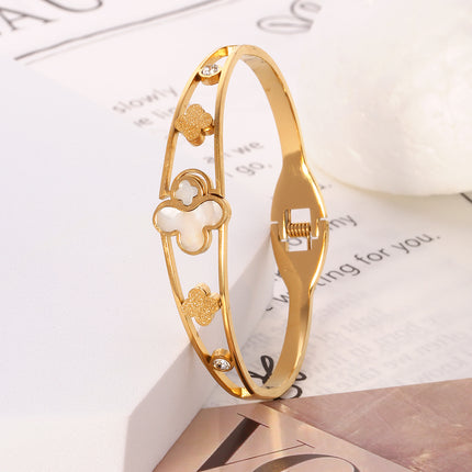 Pulsera Brazalete Con Flor De Cuatro Hojas Y Circonita De Acero Inoxidable