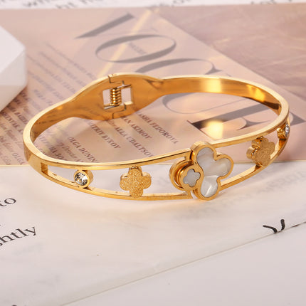 Pulsera Brazalete Con Flor De Cuatro Hojas Y Circonita De Acero Inoxidable