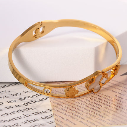 Pulsera Brazalete Con Flor De Cuatro Hojas Y Circonita De Acero Inoxidable