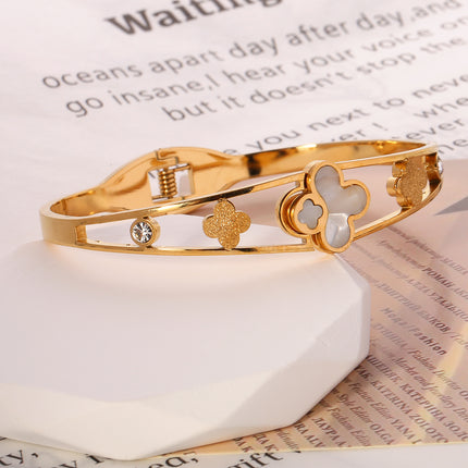 Pulsera Brazalete Con Flor De Cuatro Hojas Y Circonita De Acero Inoxidable