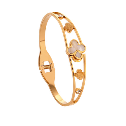 Pulsera Brazalete Con Flor De Cuatro Hojas Y Circonita De Acero Inoxidable