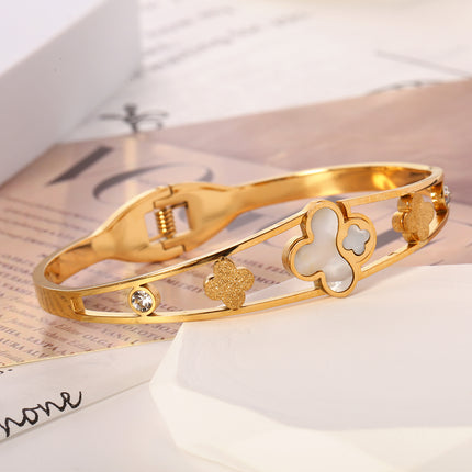 Pulsera Brazalete Con Flor De Cuatro Hojas Y Circonita De Acero Inoxidable