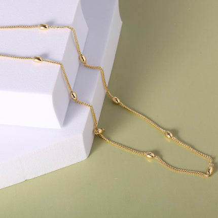 Collar De Cadena De Clavícula Con Eslabones Y Pequeñas Cuentas Doradas De 14K