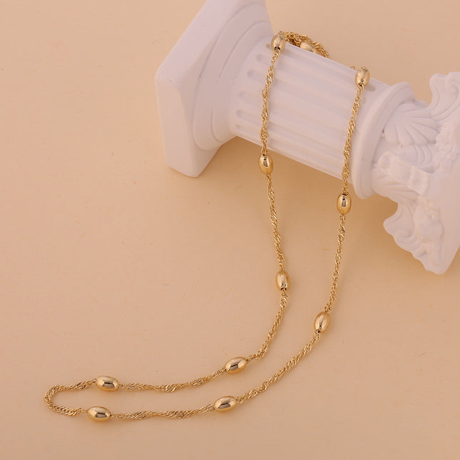 Collar Oro De 14K Cadena De Ondas y Cuentas Ovaladas
