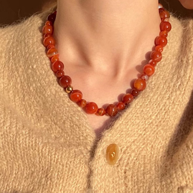 Collar De Cuentas De Ágata Roja, Elegante Clásica Y Estilo Retro