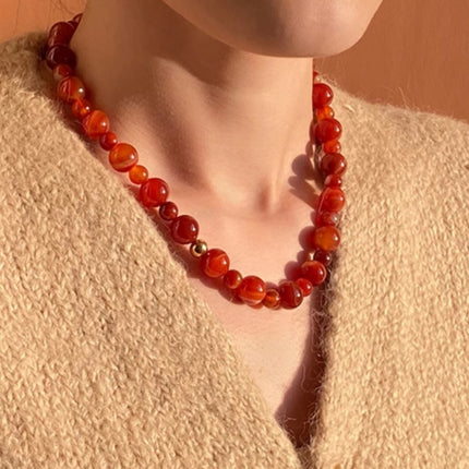 Collar De Cuentas De Ágata Roja, Elegante Clásica Y Estilo Retro