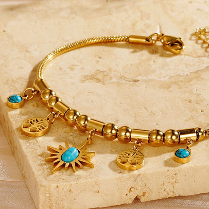 Collar Y Pulsera Bohemio De Acero Titanio Chapado En Oro 18K