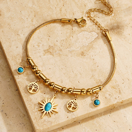Collar Y Pulsera Bohemio De Acero Titanio Chapado En Oro 18K
