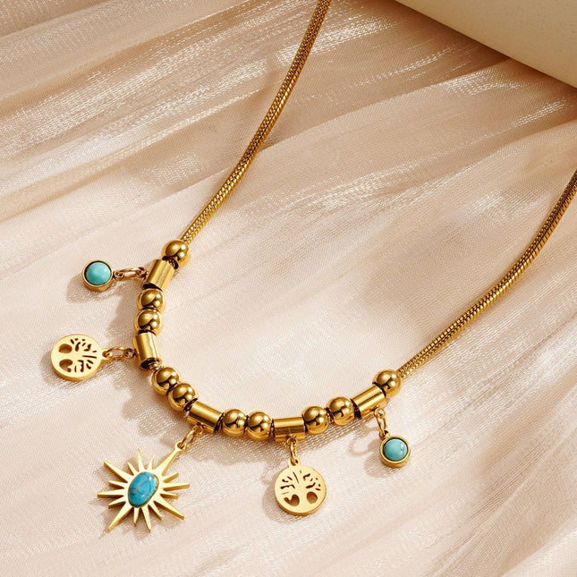 Collar Y Pulsera Bohemio De Acero Titanio Chapado En Oro 18K