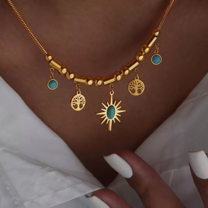 Collar Y Pulsera Bohemio De Acero Titanio Chapado En Oro 18K
