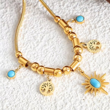 Collar Y Pulsera Bohemio De Acero Titanio Chapado En Oro 18K