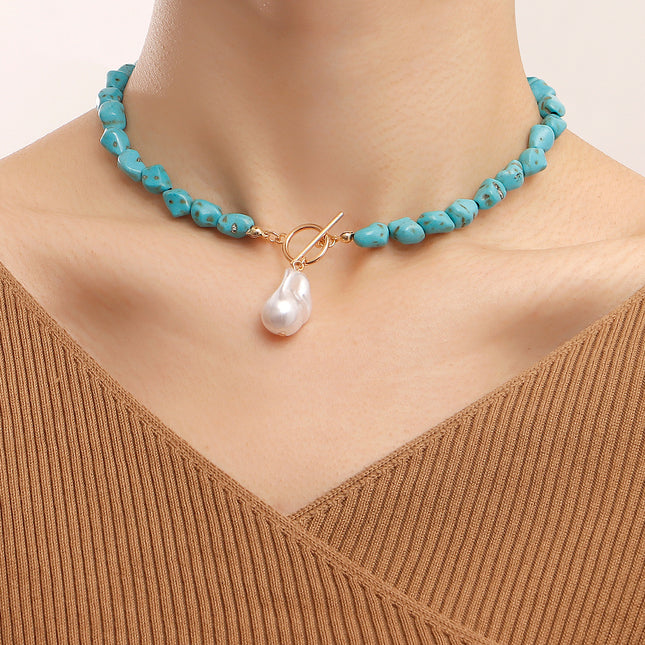 Collar De Turquesa Irregular Con Colgante De Perlas Artificiales