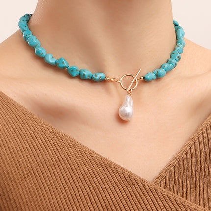 Collar De Turquesa Irregular Con Colgante De Perlas Artificiales