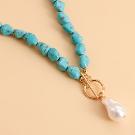 Collar De Turquesa Irregular Con Colgante De Perlas Artificiales