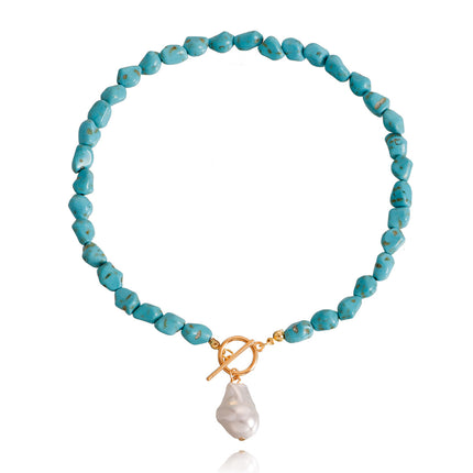 Collar De Turquesa Irregular Con Colgante De Perlas Artificiales