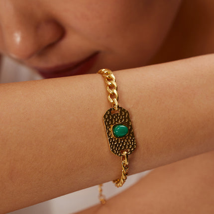 Pulsera De Acero Inoxidable Con Placa Cuadrada de Jade Malayo Dorado