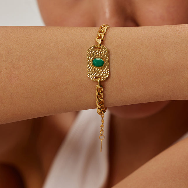 Pulsera De Acero Inoxidable Con Placa Cuadrada de Jade Malayo Dorado