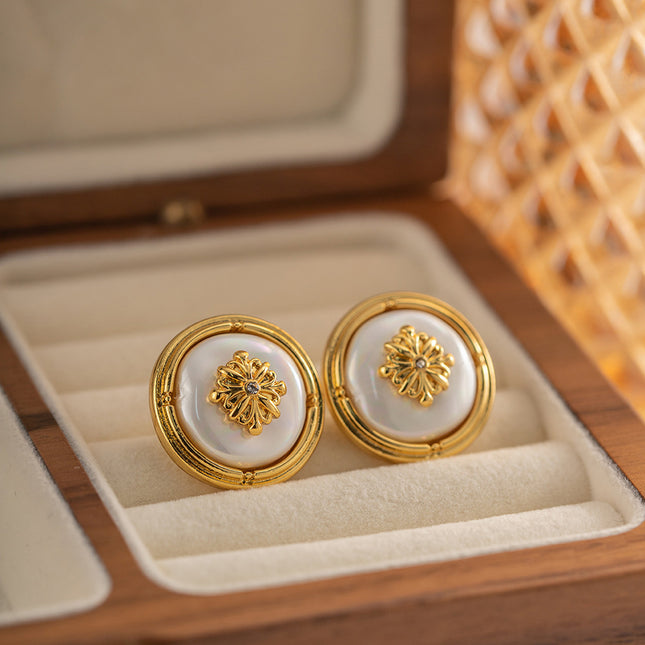 Aretes De Botón Florales En Aleación Chapados En Oro 18K Elegante