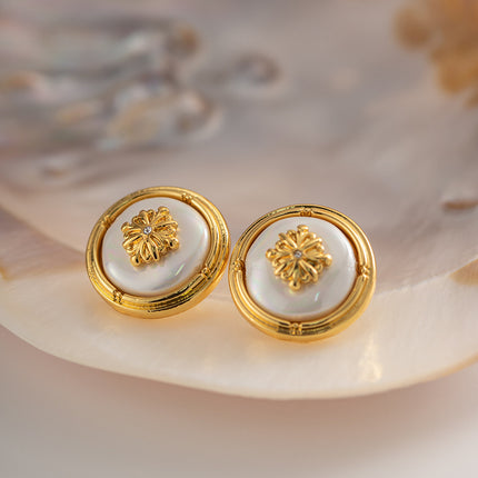 Aretes De Botón Florales En Aleación Chapados En Oro 18K Elegante