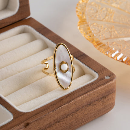 Anillo De Acero Inoxidable Ovalado De Perla Blanca, Estilo Único