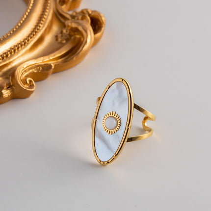 Anillo De Acero Inoxidable Ovalado De Perla Blanca, Estilo Único